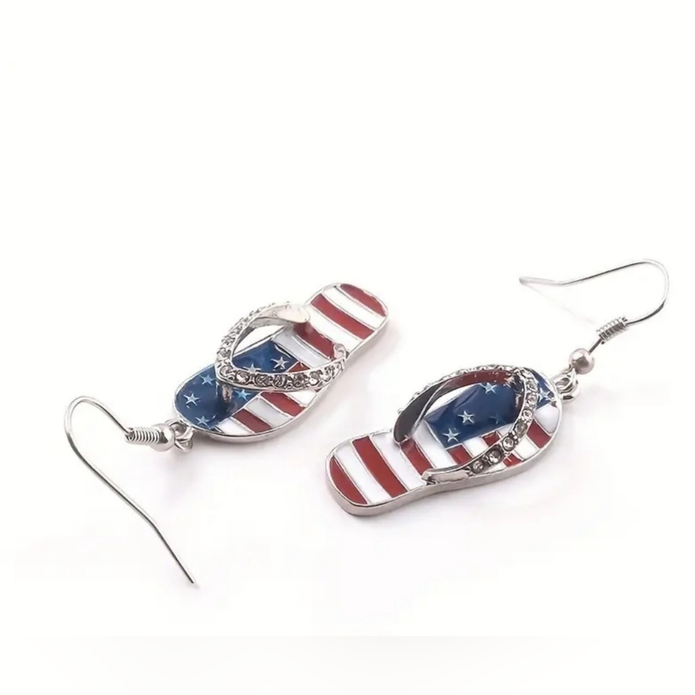 PATRIOTIC USA flip flop dangle earrings with rhinestones, 1 set NWT